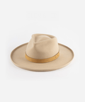 A cream felt fedora hat with a hat band on a white background #color_cream