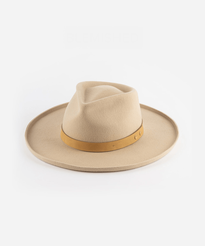 A cream felt fedora hat with a hat band on a white background #color_cream
