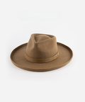 A tan pencil brim fedora hat with a hat band on a white background #color_tan