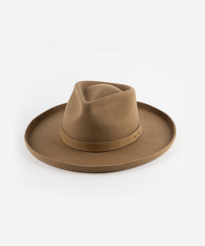 A tan pencil brim fedora hat with a hat band on a white background #color_tan