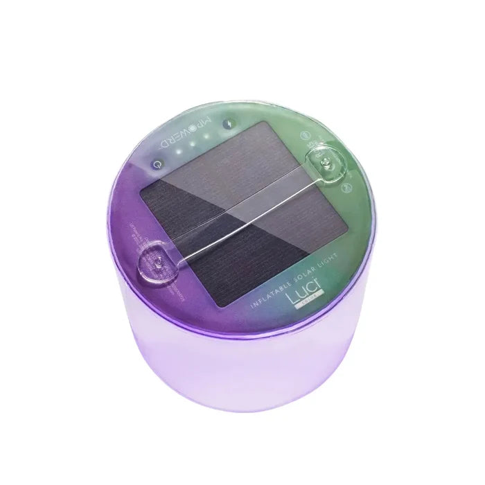 Luci Color Inflatable Solar Lantern blown up showing the top carry handle and solar array