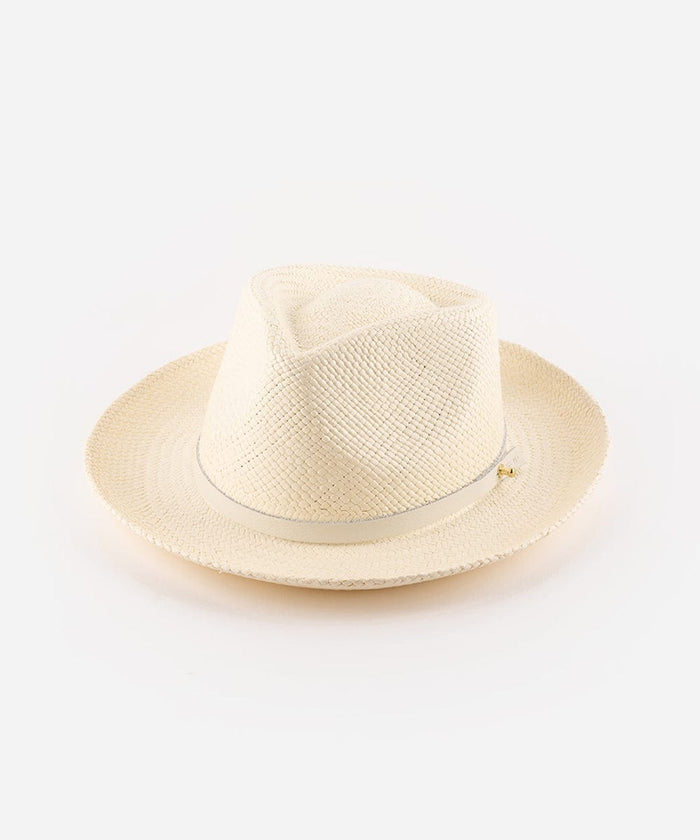 A white straw hat with a hat band on a plain background #color_white