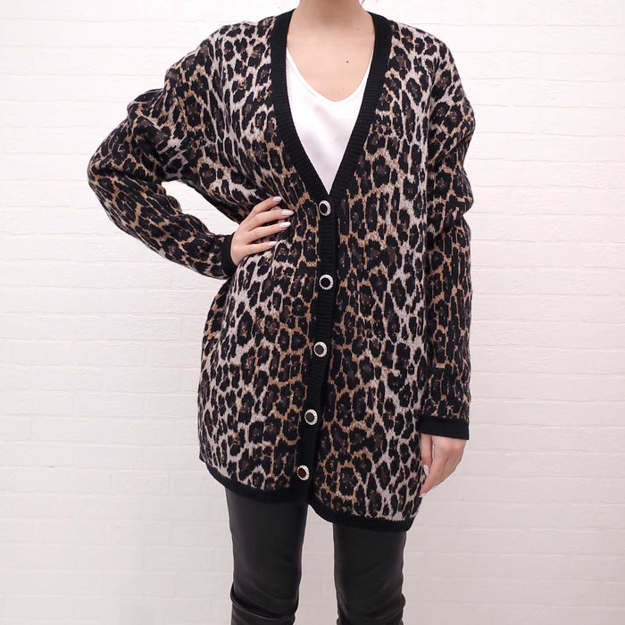 MAGDA BUTRYM LEOPARD CARDIGAN WITH CRYSTAL BUTTON DETAILS - SIZE 34 (OVERSIZED)