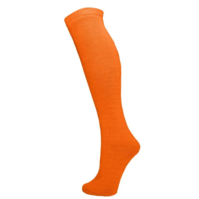 Manbi Essential thermal tube ski socks photographed on a foot mannaquin in neon orange