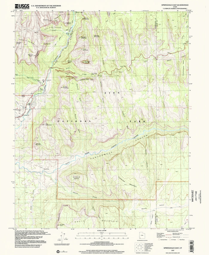 Map of Springdale, Utah by USGS, 1997 – Zion National Park, Virgin River & Zion Canyon