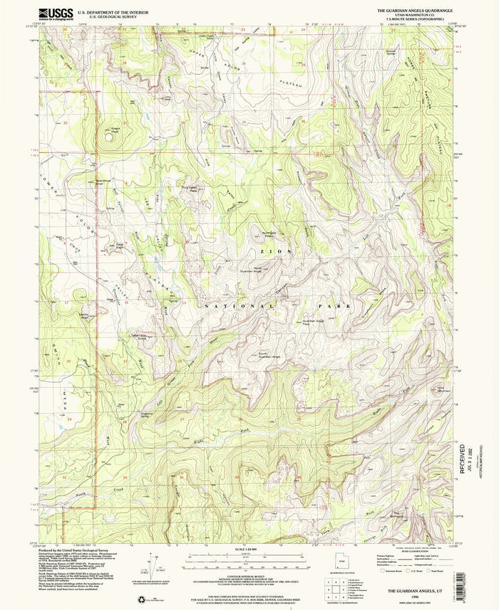 Map of Zion National Park, Utah by USGS, 1996 – Angels Landing, Virgin River & Zion Canyon