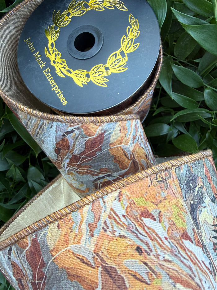MARBLE PAPER DIGI PRINT/DUPION FUSED 4"x10YD MULTICOLOR/GOLD HEAVY WIRED RIBBON