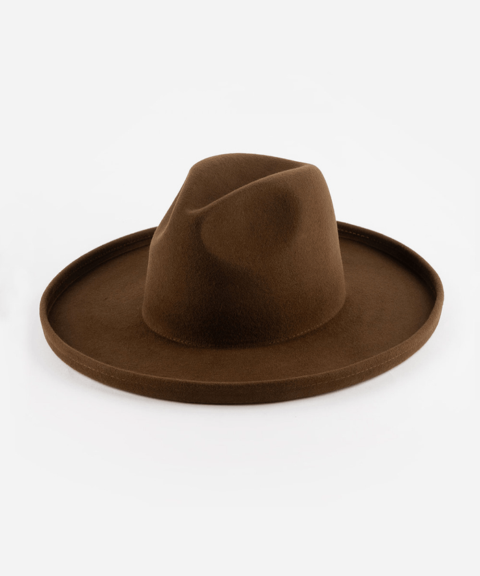 A chocolate colored pencil brim fedora hat on a white background #color_chocolate