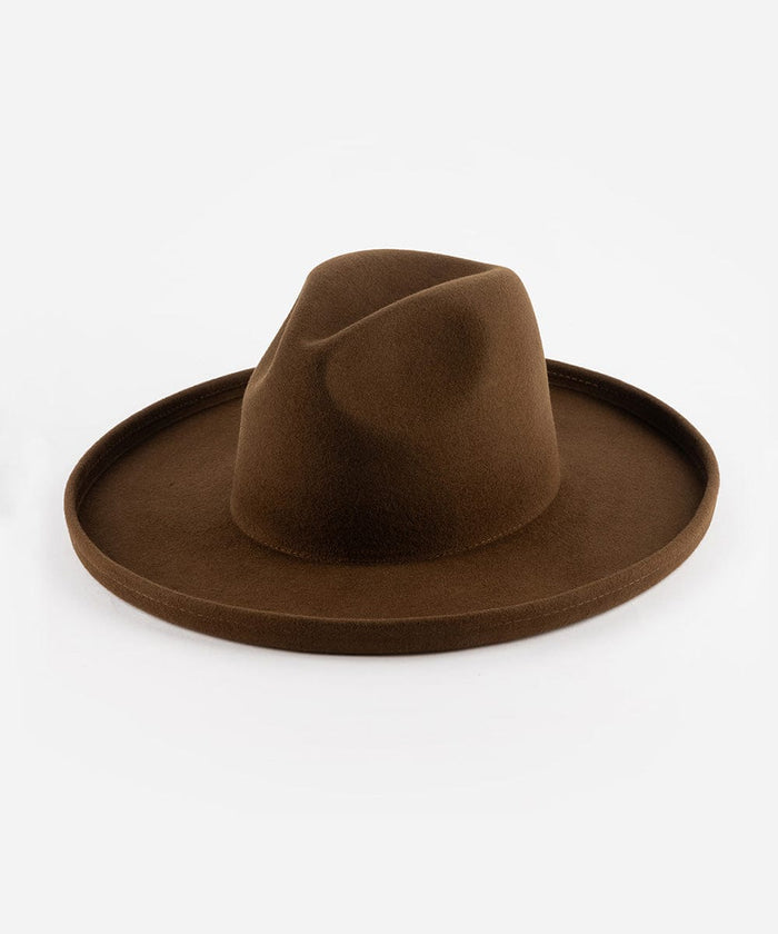 A chocolate brown pencil brim felt fedora hat with a flat crown and even brim on a white background  #color_chocolate