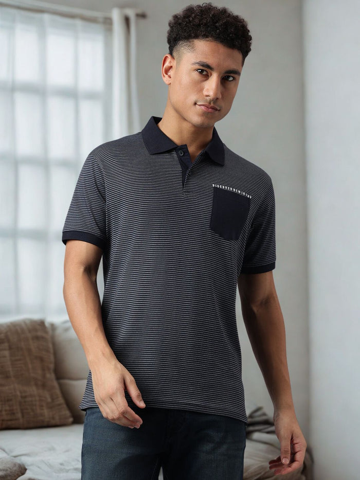 Men Navy Regular Fit Striped Polo T Shirt