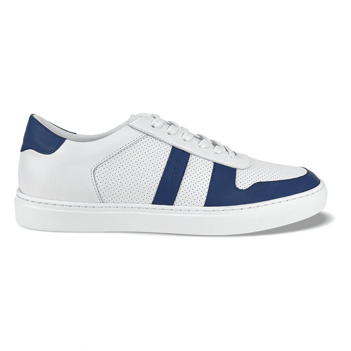 A blue and white men's sneaker with a lace-up closure, made of leather with a full-grain texture, featuring a perforated pattern on the side.