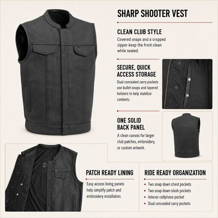 Sharp Shooter leather motorcycle vest feature overview