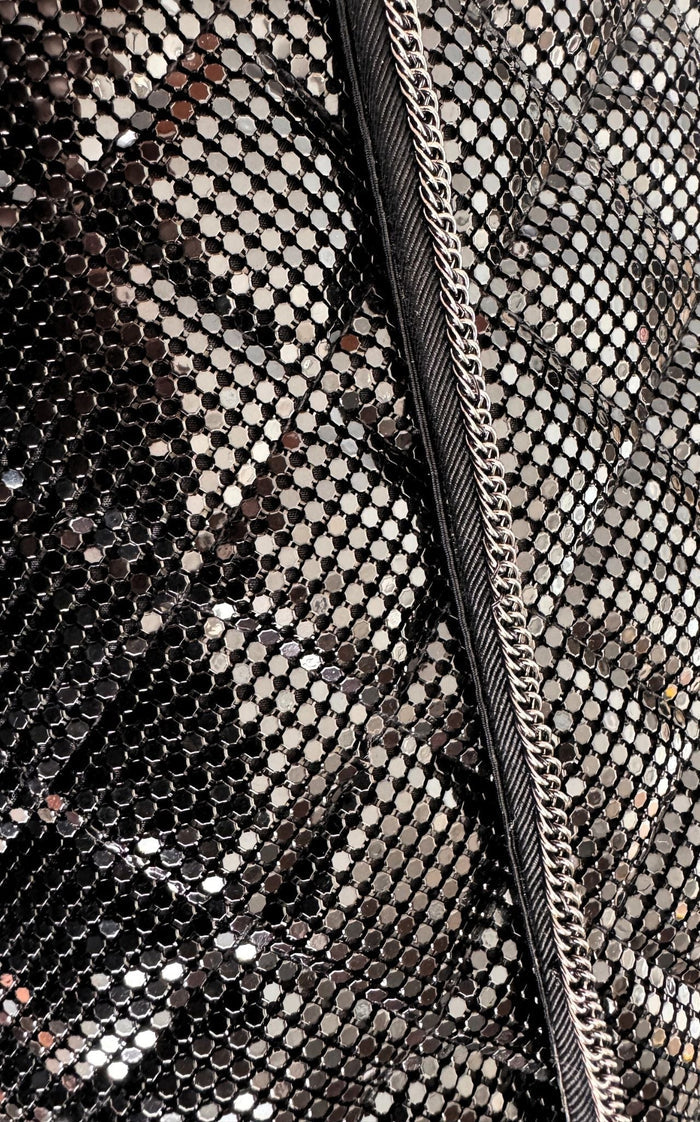 BCBG Maxazria black metal mesh quilted chain clutch bag