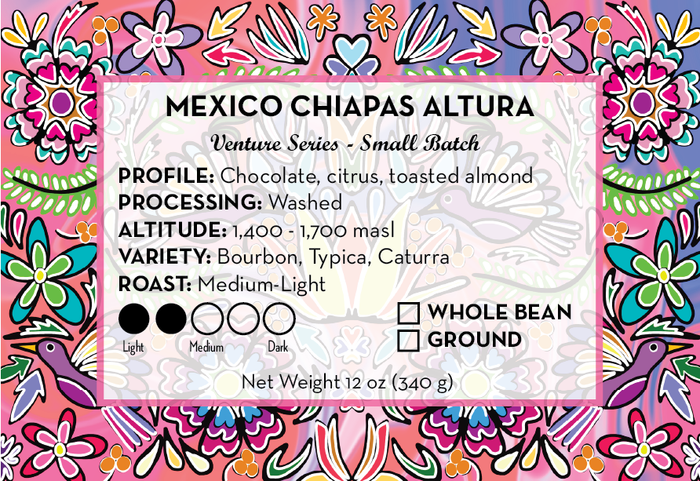 Colorful floral border label framing a white card with Mexico Chiapas Altura coffee details.