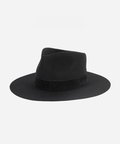 A black fedora hat with a band on a white background #color_black