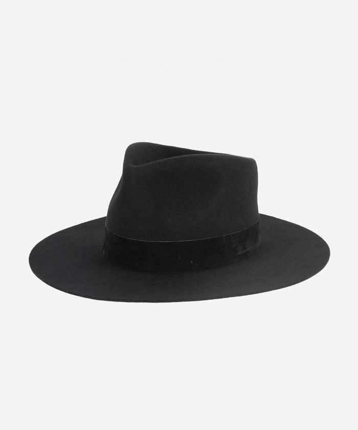 A black fedora hat with a band on a white background #color_black
