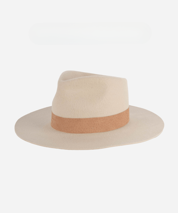 An ivory colored fedora hat with a brown band on a white background color_ivory