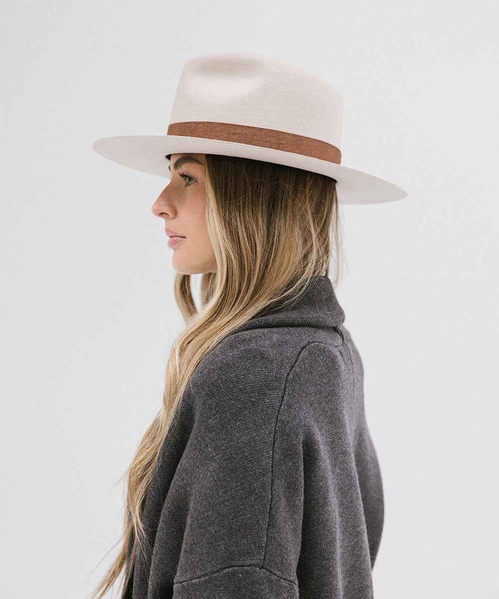 Woman wearing an ivory colored fedora hat with a brown band and a dark grey coat, facing sideways against a white background #color_ivory