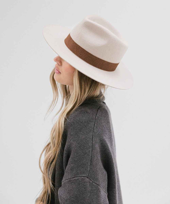 Person wearing an ivory colored fedora hat with a brown band and a dark grey coat, facing sideways against a plain background #color_ivory