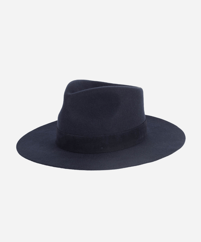 A navy fedora hat with a band on a white background #color_navy