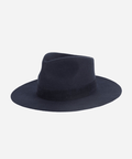 A navy fedora hat with a band on a white background #color_navy