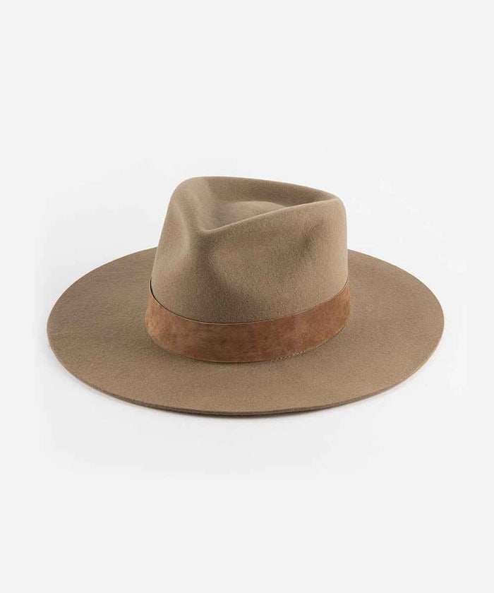 Brown fedora hat with a wide brim and a band on a white background #color_brown