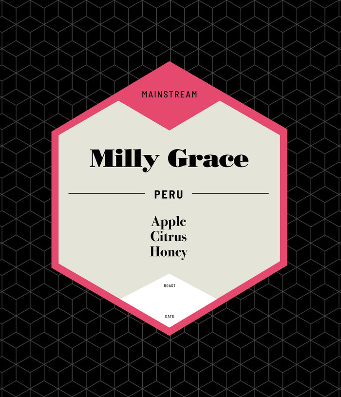 Milly Grace coffee bag label on a cream panel with pink border against a black geometric bag pattern