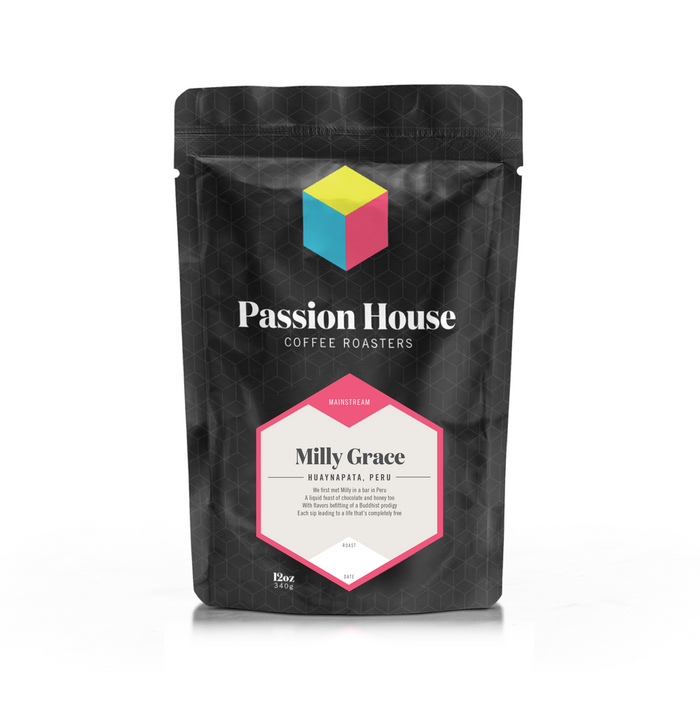 Milly Grace coffee bag showing a cream label framed in pink on a dark geometric bag