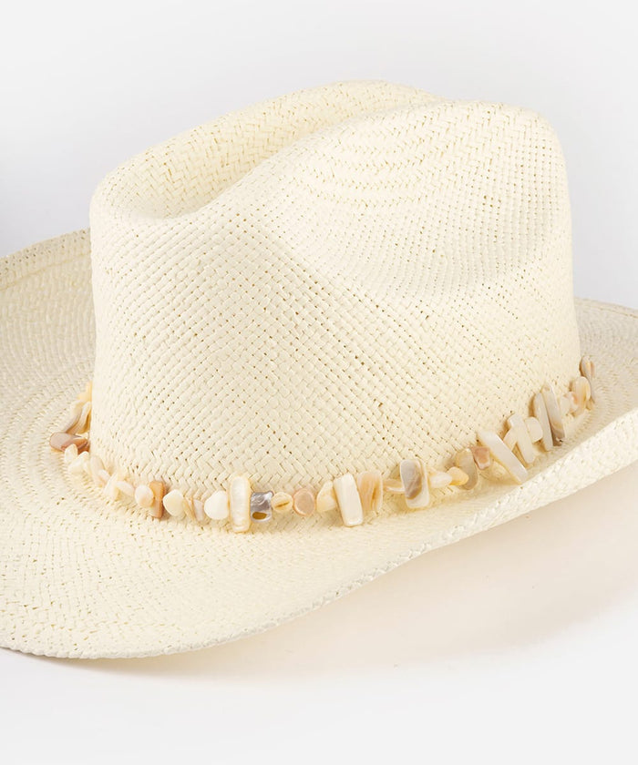 Beige straw hat with decorative band on a plain background #color_natural