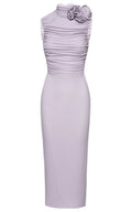 Magda Butrym lilac ruched mock-neck midi dress with brooch detail