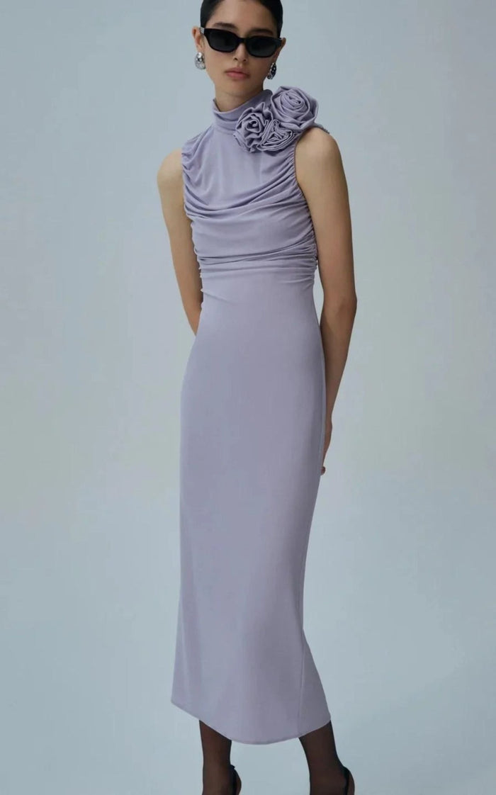 Magda Butrym lilac ruched mock-neck midi dress with brooch detail