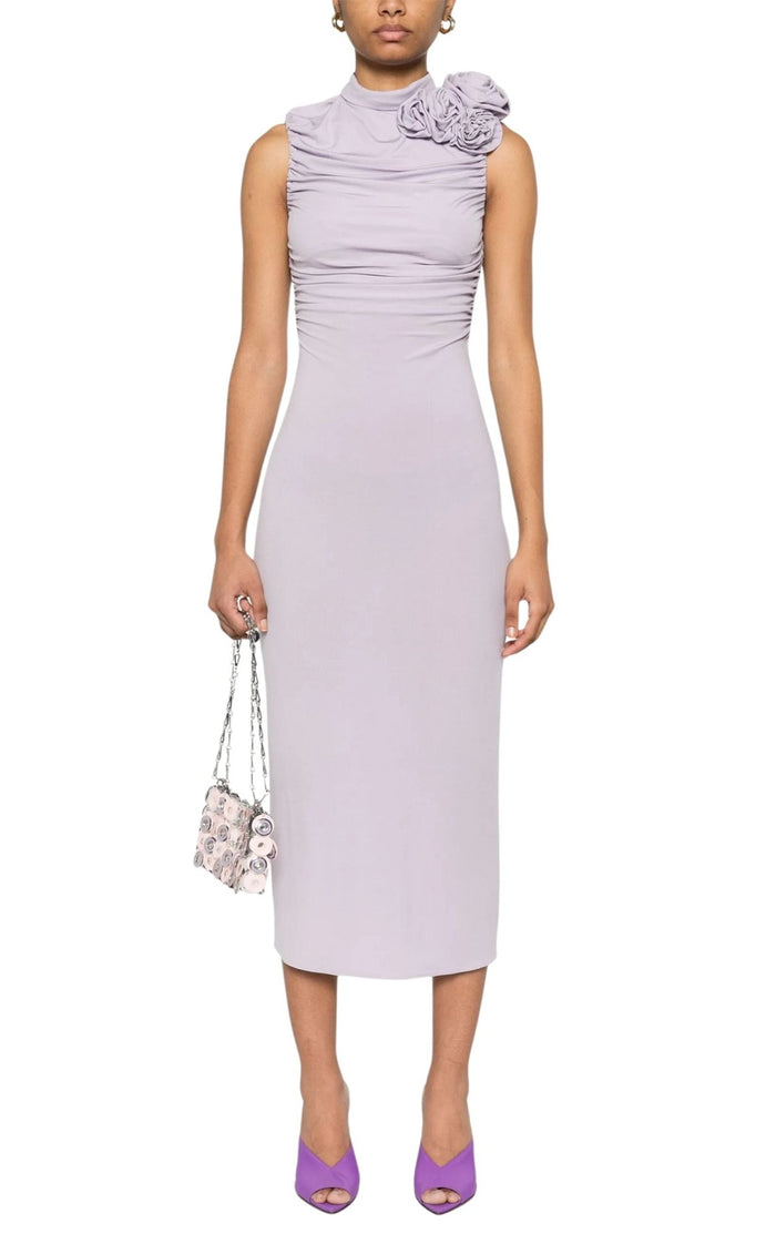 Magda Butrym lilac ruched mock-neck midi dress with brooch detail