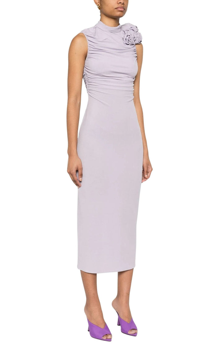 Magda Butrym lilac ruched mock-neck midi dress with brooch detail