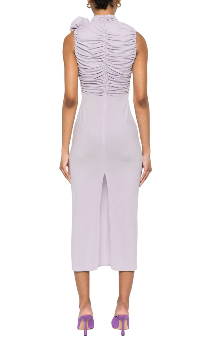Magda Butrym lilac ruched mock-neck midi dress with brooch detail
