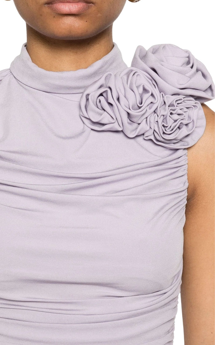 Magda Butrym lilac ruched mock-neck midi dress with brooch detail