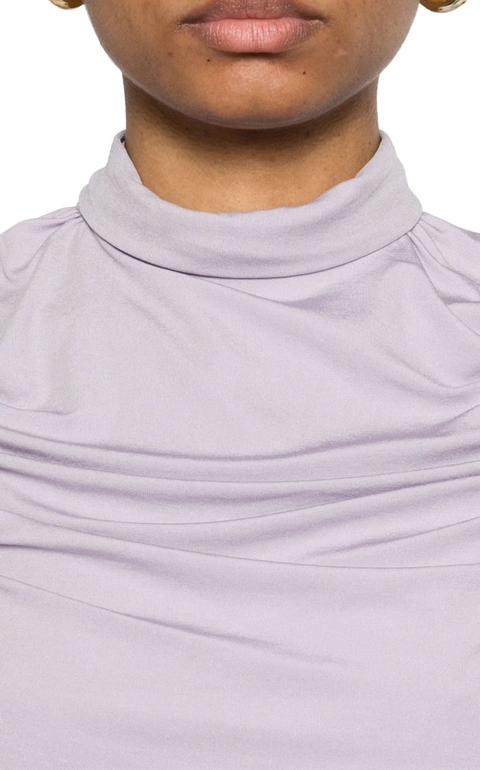 Magda Butrym lilac ruched mock-neck midi dress with brooch detail