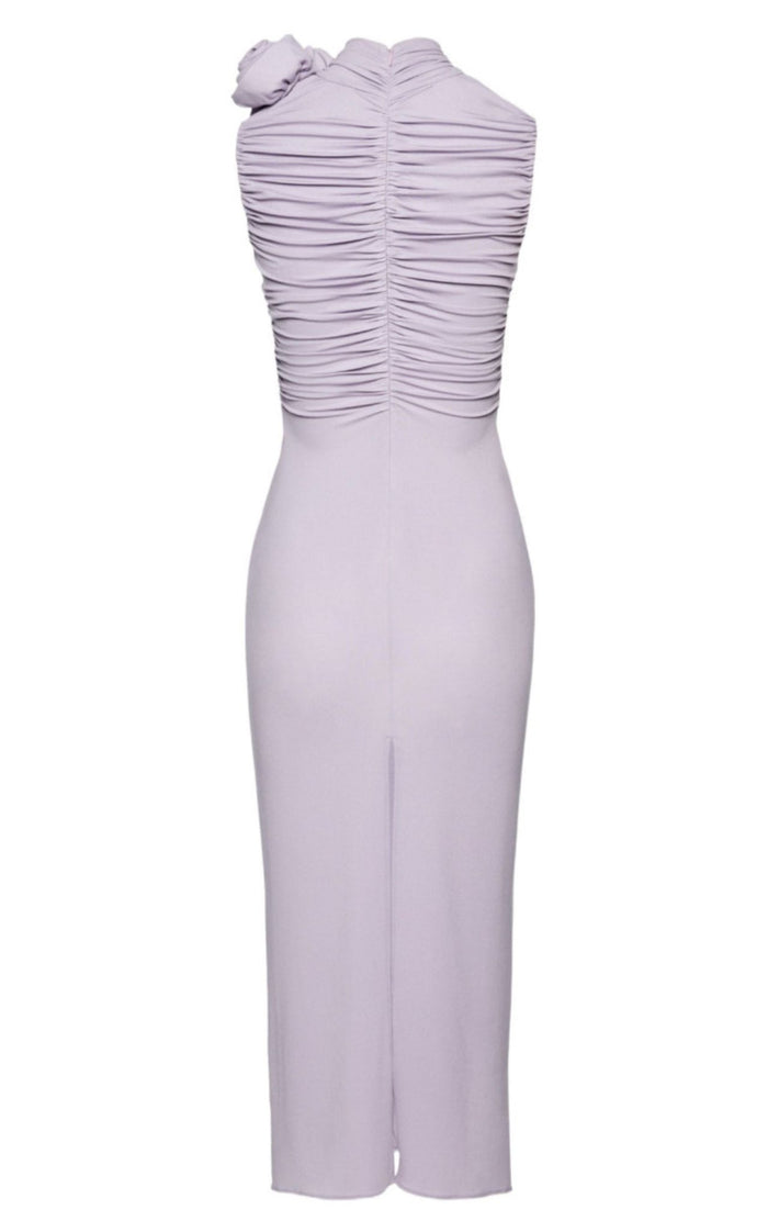 Magda Butrym lilac ruched mock-neck midi dress with brooch detail