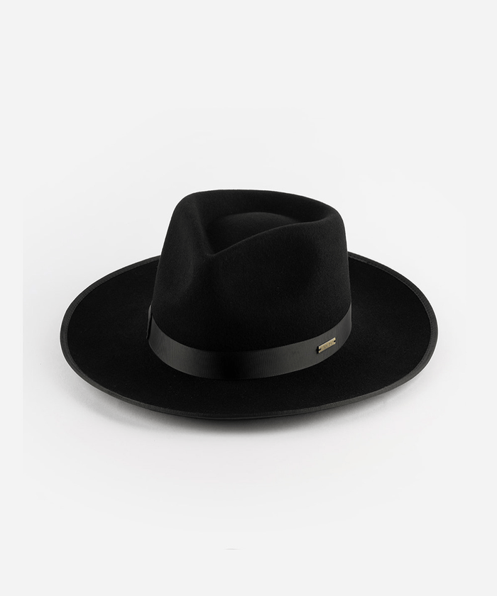 A black fedora hat with a band on a white background #color_black