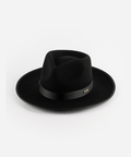 A black fedora hat with a band on a white background #color_black