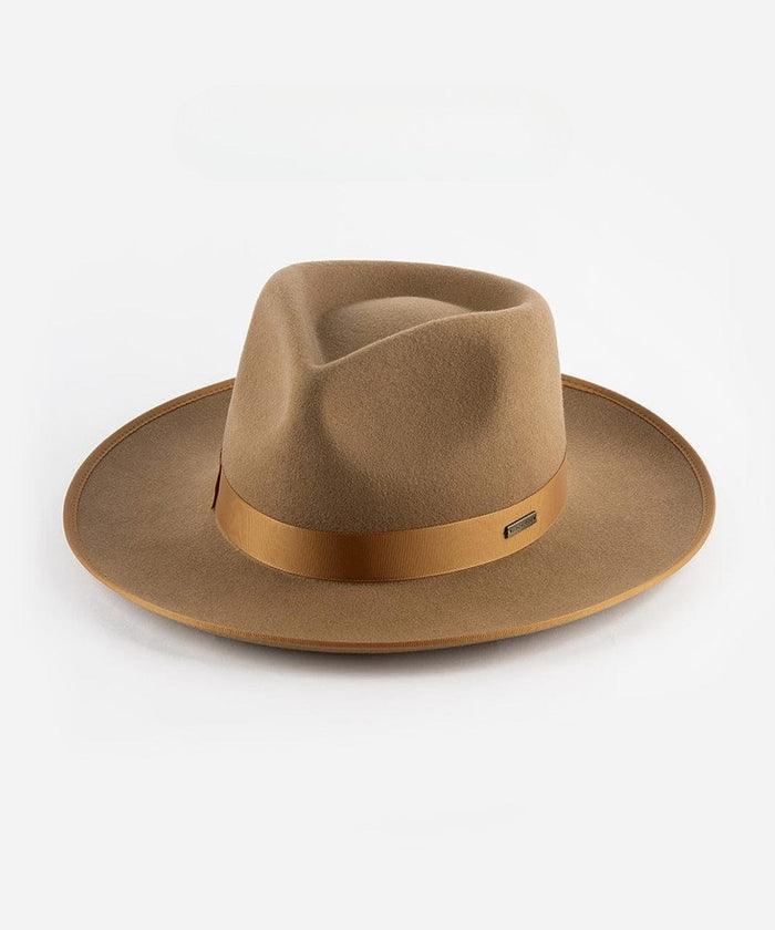 A brown fedora hat with a hat band on a white background #color_brown