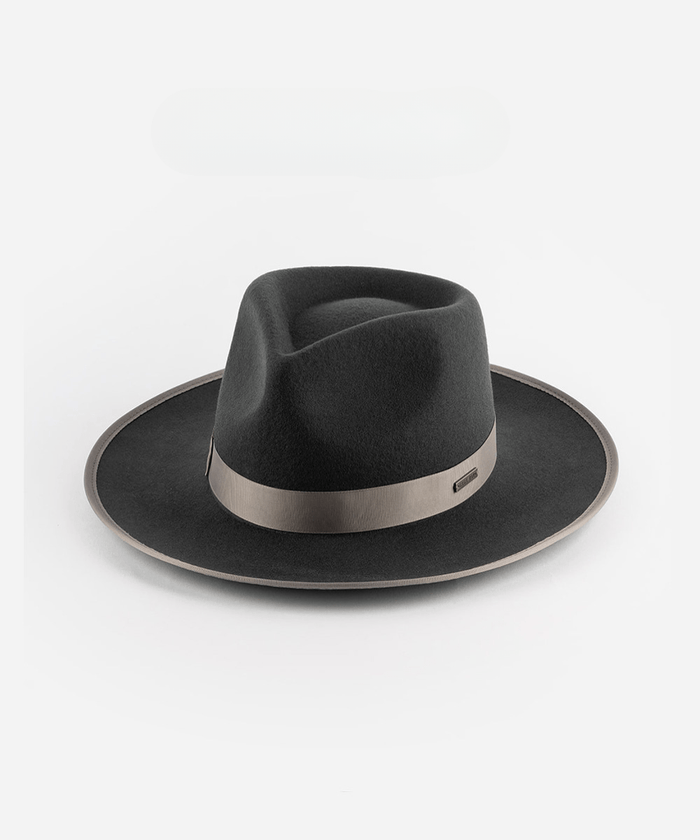 A dark grey fedora hat with a band on a white background #color_dark grey
