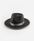 A dark grey fedora hat with a band on a white background #color_dark grey