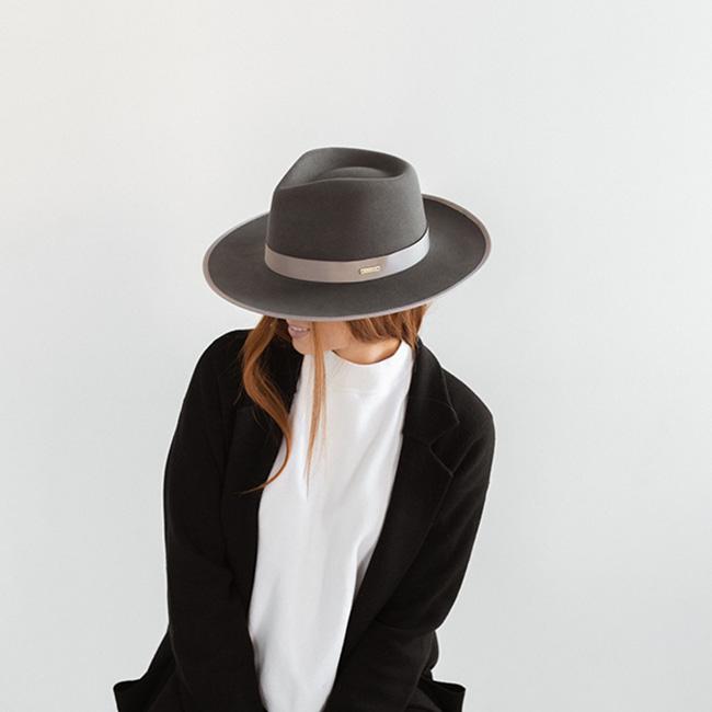 Woman wearing a dark grey fedora hat with a band and a white t-shirt with a black jacket, looking sideways against a plain background #color_dark grey