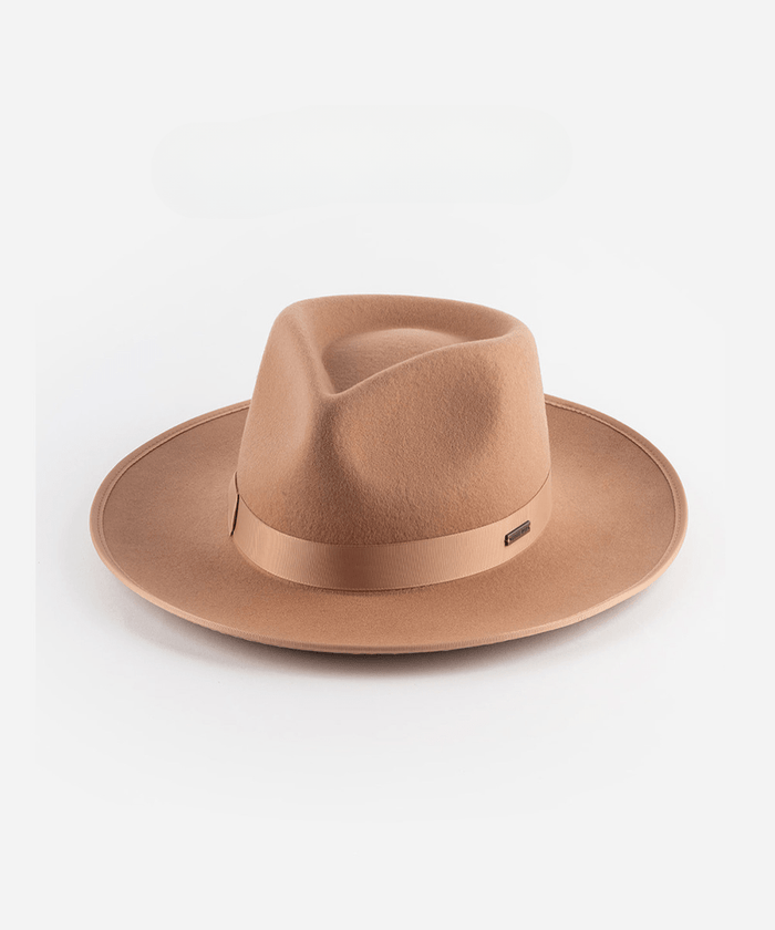 A dusty pink colored fedora hat with a band on a white background #color_dusty pink