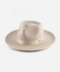 An ivory colored fedora hat with a band on a white background #color_ivory