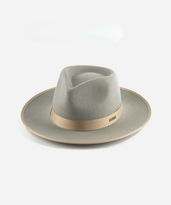 A light grey and tan colored fedora hat with a tan band on a white background #color_light grey-tan