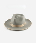 A light grey and tan colored fedora hat with a tan band on a white background #color_light grey-tan