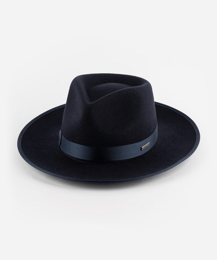 A navy fedora hat with a band on a white background #color_navy