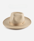 An oatmeal colored fedora hat with a band on a plain background #color_oatmeal