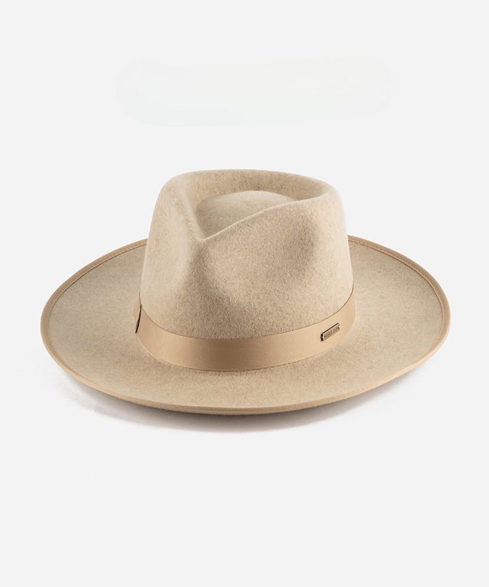 An oatmeal colored fedora hat with a band on a plain background #color_oatmeal